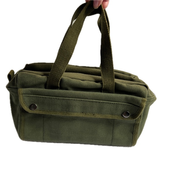 Aritzia Duffle Tote Bag Small Army Green Cotton Canvas Front & Back Pockets - Picture 3 of 8